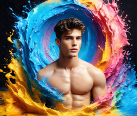 AI-generated abstract art of handsome men controlling swirling vortexes of colorful fluid and water in motion. Dynamic, surreal, vivid digital male art by Jeff Dupler.