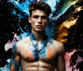AI-generated abstract art of handsome men controlling swirling vortexes of colorful fluid and water in motion. Dynamic, surreal, vivid digital male art by Jeff Dupler.