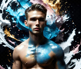 AI-generated abstract art of handsome men controlling swirling vortexes of colorful fluid and water in motion. Dynamic, surreal, vivid digital male art by Jeff Dupler.