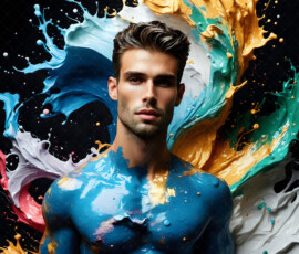 AI-generated abstract art of handsome men controlling swirling vortexes of colorful fluid and water in motion. Dynamic, surreal, vivid digital male art by Jeff Dupler.