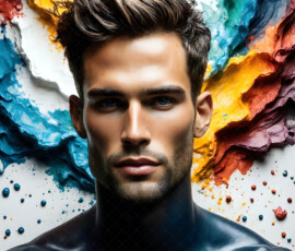 AI-generated abstract art of handsome men controlling swirling vortexes of colorful fluid and water in motion. Dynamic, surreal, vivid digital male art by Jeff Dupler.