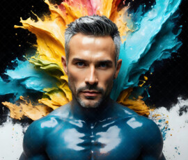 AI-generated abstract art of handsome men controlling swirling vortexes of colorful fluid and water in motion. Dynamic, surreal, vivid digital male art by Jeff Dupler.