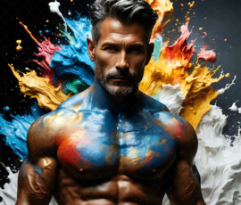 AI-generated abstract art of handsome men controlling swirling vortexes of colorful fluid and water in motion. Dynamic, surreal, vivid digital male art by Jeff Dupler.