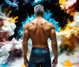 AI-generated abstract art of handsome men controlling swirling vortexes of colorful fluid and water in motion. Dynamic, surreal, vivid digital male art by Jeff Dupler.