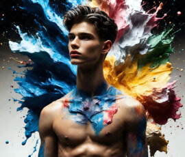 AI-generated abstract art of handsome men controlling swirling vortexes of colorful fluid and water in motion. Dynamic, surreal, vivid digital male art by Jeff Dupler.