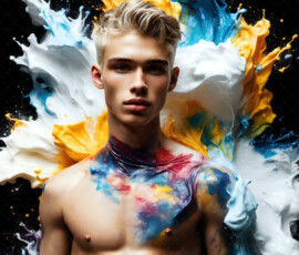 AI-generated abstract art of handsome men controlling swirling vortexes of colorful fluid and water in motion. Dynamic, surreal, vivid digital male art by Jeff Dupler.
