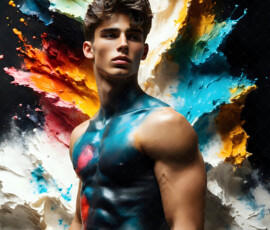 AI-generated abstract art of handsome men controlling swirling vortexes of colorful fluid and water in motion. Dynamic, surreal, vivid digital male art by Jeff Dupler.