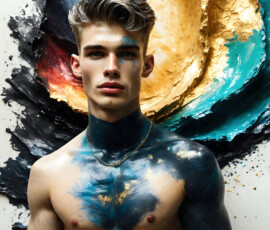 AI-generated abstract art of handsome men controlling swirling vortexes of colorful fluid and water in motion. Dynamic, surreal, vivid digital male art by Jeff Dupler.