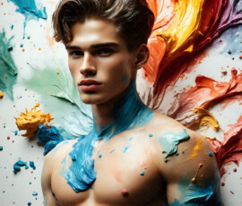 AI-generated abstract art of handsome men controlling swirling vortexes of colorful fluid and water in motion. Dynamic, surreal, vivid digital male art by Jeff Dupler.