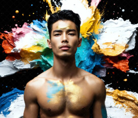 AI-generated abstract art of handsome men controlling swirling vortexes of colorful fluid and water in motion. Dynamic, surreal, vivid digital male art by Jeff Dupler.