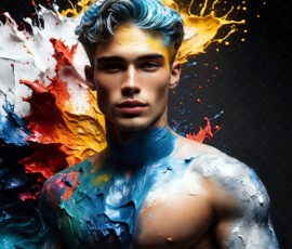 AI-generated abstract art of handsome men controlling swirling vortexes of colorful fluid and water in motion. Dynamic, surreal, vivid digital male art by Jeff Dupler.