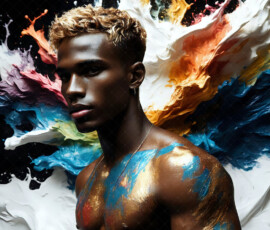 AI-generated abstract art of handsome men controlling swirling vortexes of colorful fluid and water in motion. Dynamic, surreal, vivid digital male art by Jeff Dupler.