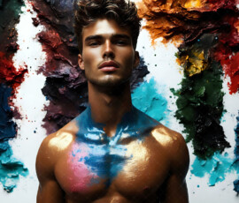 AI-generated abstract art of handsome men controlling swirling vortexes of colorful fluid and water in motion. Dynamic, surreal, vivid digital male art by Jeff Dupler.