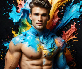 AI-generated abstract art of handsome men controlling swirling vortexes of colorful fluid and water in motion. Dynamic, surreal, vivid digital male art by Jeff Dupler.