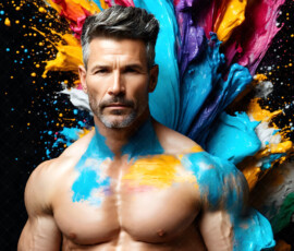 AI-generated abstract art of handsome men controlling swirling vortexes of colorful fluid and water in motion. Dynamic, surreal, vivid digital male art by Jeff Dupler.