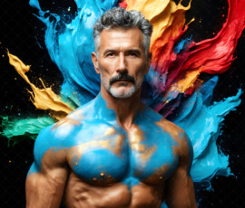 AI-generated abstract art of handsome men controlling swirling vortexes of colorful fluid and water in motion. Dynamic, surreal, vivid digital male art by Jeff Dupler.