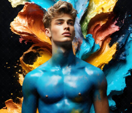 AI-generated abstract art of handsome men controlling swirling vortexes of colorful fluid and water in motion. Dynamic, surreal, vivid digital male art by Jeff Dupler.