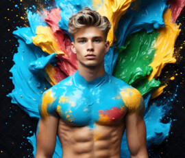 AI-generated abstract art of handsome men controlling swirling vortexes of colorful fluid and water in motion. Dynamic, surreal, vivid digital male art by Jeff Dupler.