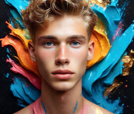 AI-generated abstract art of handsome men controlling swirling vortexes of colorful fluid and water in motion. Dynamic, surreal, vivid digital male art by Jeff Dupler.
