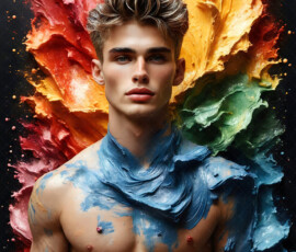 AI-generated abstract art of handsome men controlling swirling vortexes of colorful fluid and water in motion. Dynamic, surreal, vivid digital male art by Jeff Dupler.