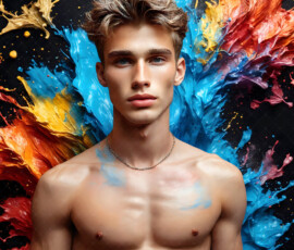 AI-generated abstract art of handsome men controlling swirling vortexes of colorful fluid and water in motion. Dynamic, surreal, vivid digital male art by Jeff Dupler.