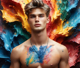 AI-generated abstract art of handsome men controlling swirling vortexes of colorful fluid and water in motion. Dynamic, surreal, vivid digital male art by Jeff Dupler.