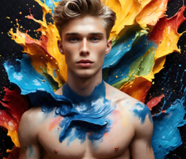AI-generated abstract art of handsome men controlling swirling vortexes of colorful fluid and water in motion. Dynamic, surreal, vivid digital male art by Jeff Dupler.