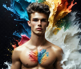 AI-generated abstract art of handsome men controlling swirling vortexes of colorful fluid and water in motion. Dynamic, surreal, vivid digital male art by Jeff Dupler.