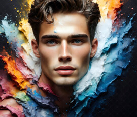 AI-generated abstract art of handsome men controlling swirling vortexes of colorful fluid and water in motion. Dynamic, surreal, vivid digital male art by Jeff Dupler.
