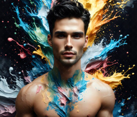 AI-generated abstract art of handsome men controlling swirling vortexes of colorful fluid and water in motion. Dynamic, surreal, vivid digital male art by Jeff Dupler.
