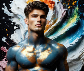 AI-generated abstract art of handsome men controlling swirling vortexes of colorful fluid and water in motion. Dynamic, surreal, vivid digital male art by Jeff Dupler.