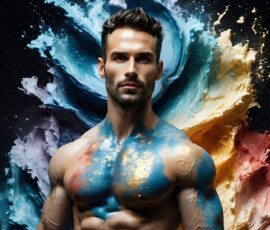 AI-generated abstract art of handsome men controlling swirling vortexes of colorful fluid and water in motion. Dynamic, surreal, vivid digital male art by Jeff Dupler.