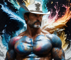 AI-generated abstract art of handsome men controlling swirling vortexes of colorful fluid and water in motion. Dynamic, surreal, vivid digital male art by Jeff Dupler.