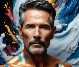 AI-generated abstract art of handsome men controlling swirling vortexes of colorful fluid and water in motion. Dynamic, surreal, vivid digital male art by Jeff Dupler.