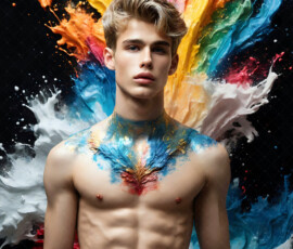 AI-generated abstract art of handsome men controlling swirling vortexes of colorful fluid and water in motion. Dynamic, surreal, vivid digital male art by Jeff Dupler.