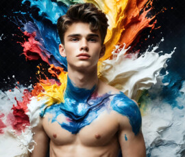 AI-generated abstract art of handsome men controlling swirling vortexes of colorful fluid and water in motion. Dynamic, surreal, vivid digital male art by Jeff Dupler.