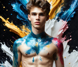 AI-generated abstract art of handsome men controlling swirling vortexes of colorful fluid and water in motion. Dynamic, surreal, vivid digital male art by Jeff Dupler.