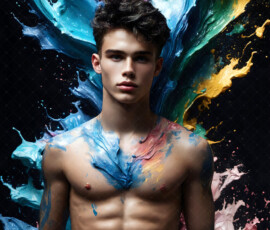 AI-generated abstract art of handsome men controlling swirling vortexes of colorful fluid and water in motion. Dynamic, surreal, vivid digital male art by Jeff Dupler.