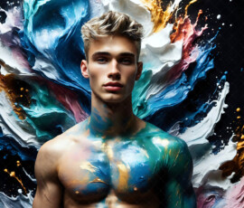 AI-generated abstract art of handsome men controlling swirling vortexes of colorful fluid and water in motion. Dynamic, surreal, vivid digital male art by Jeff Dupler.