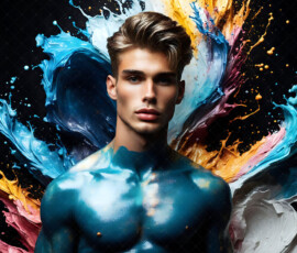 AI-generated abstract art of handsome men controlling swirling vortexes of colorful fluid and water in motion. Dynamic, surreal, vivid digital male art by Jeff Dupler.