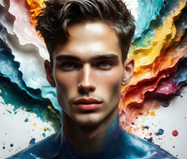 AI-generated abstract art of handsome men controlling swirling vortexes of colorful fluid and water in motion. Dynamic, surreal, vivid digital male art by Jeff Dupler.