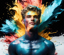 AI-generated abstract art of handsome men controlling swirling vortexes of colorful fluid and water in motion. Dynamic, surreal, vivid digital male art by Jeff Dupler.