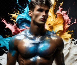 AI-generated abstract art of handsome men controlling swirling vortexes of colorful fluid and water in motion. Dynamic, surreal, vivid digital male art by Jeff Dupler.