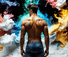 AI-generated abstract art of handsome men controlling swirling vortexes of colorful fluid and water in motion. Dynamic, surreal, vivid digital male art by Jeff Dupler.