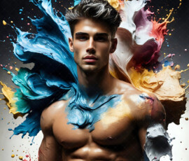 AI-generated abstract art of handsome men controlling swirling vortexes of colorful fluid and water in motion. Dynamic, surreal, vivid digital male art by Jeff Dupler.