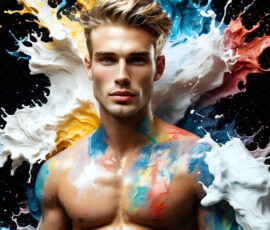 AI-generated abstract art of handsome men controlling swirling vortexes of colorful fluid and water in motion. Dynamic, surreal, vivid digital male art by Jeff Dupler.