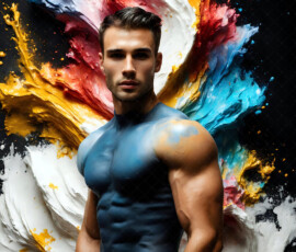 AI-generated abstract art of handsome men controlling swirling vortexes of colorful fluid and water in motion. Dynamic, surreal, vivid digital male art by Jeff Dupler.