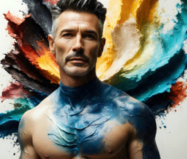 AI-generated abstract art of handsome men controlling swirling vortexes of colorful fluid and water in motion. Dynamic, surreal, vivid digital male art by Jeff Dupler.