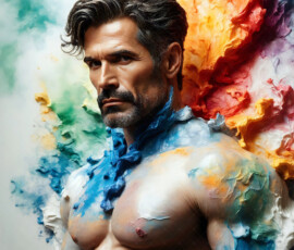AI-generated abstract art of handsome men controlling swirling vortexes of colorful fluid and water in motion. Dynamic, surreal, vivid digital male art by Jeff Dupler.