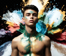 AI-generated abstract art of handsome men controlling swirling vortexes of colorful fluid and water in motion. Dynamic, surreal, vivid digital male art by Jeff Dupler.